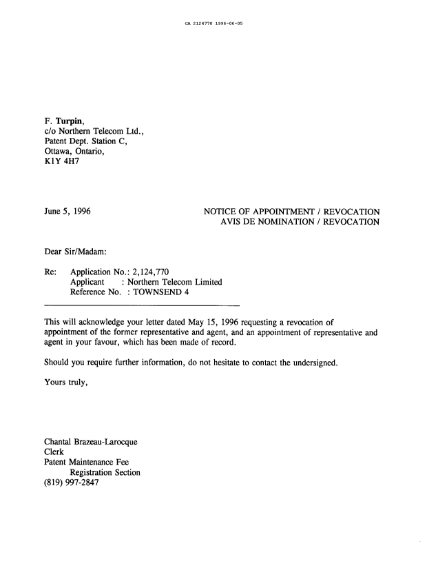 Document de brevet canadien 2124770. Lettre du bureau 19960605. Image 1 de 1