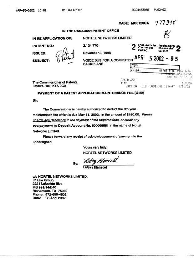 Document de brevet canadien 2124770. Taxes 20020405. Image 1 de 1