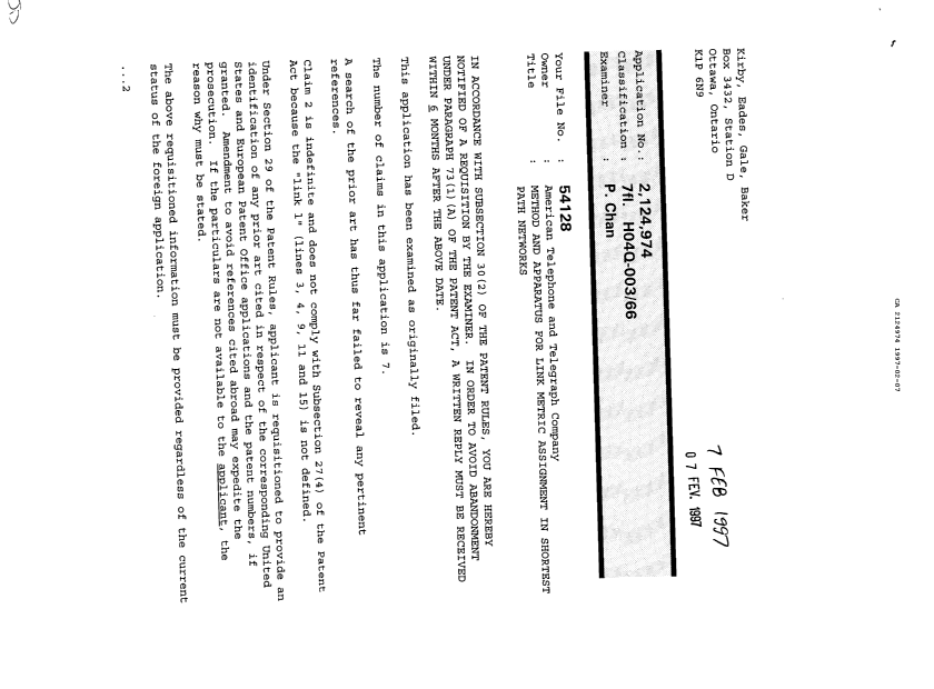 Document de brevet canadien 2124974. Demande d'examen 19970207. Image 1 de 2