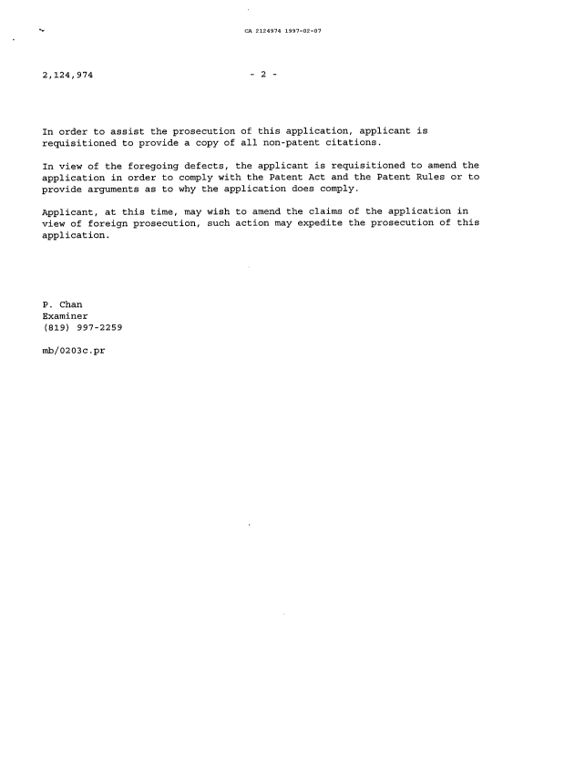 Document de brevet canadien 2124974. Demande d'examen 19970207. Image 2 de 2