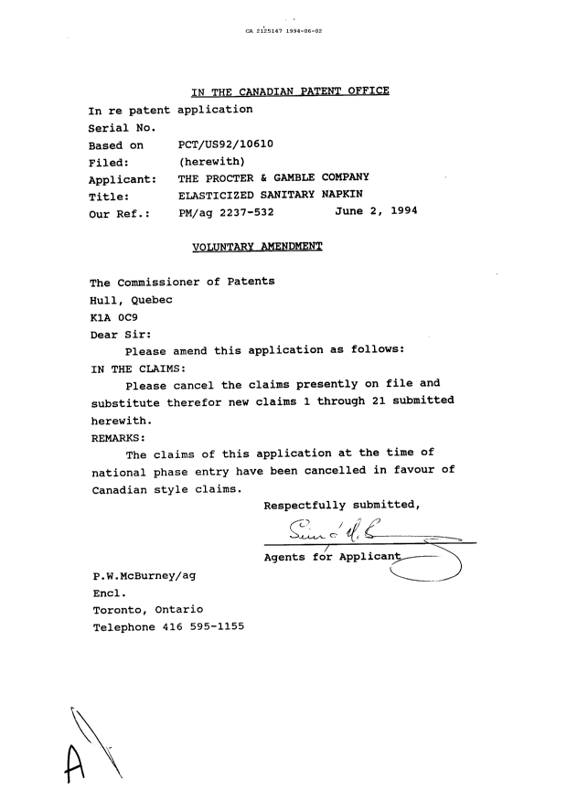 Document de brevet canadien 2125147. Correspondance de la poursuite 19940602. Image 1 de 1
