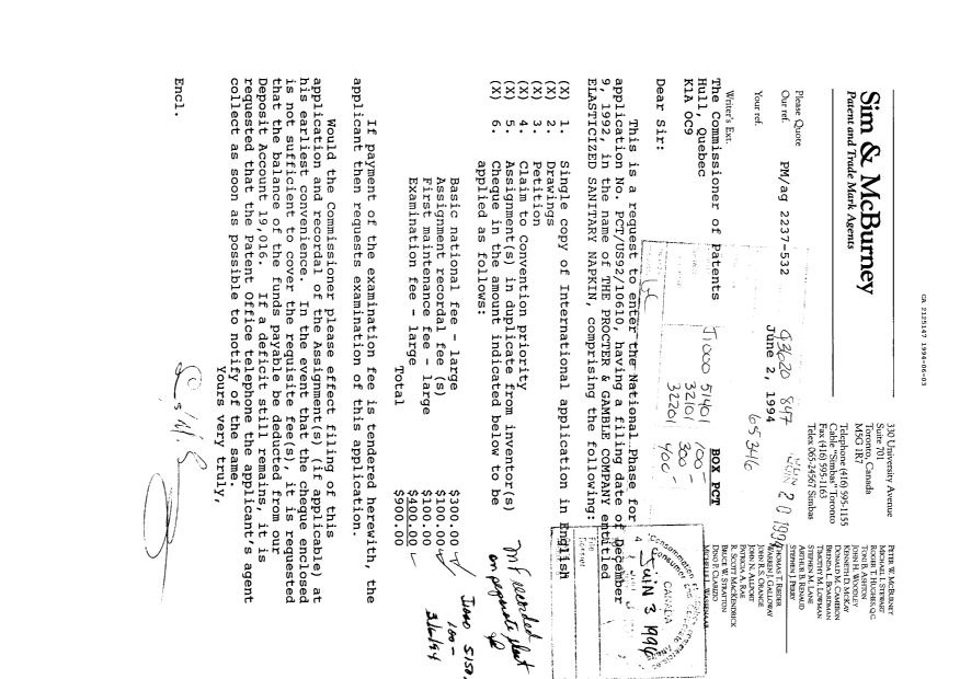 Canadian Patent Document 2125147. National Entry Request 19940603. Image 1 of 5