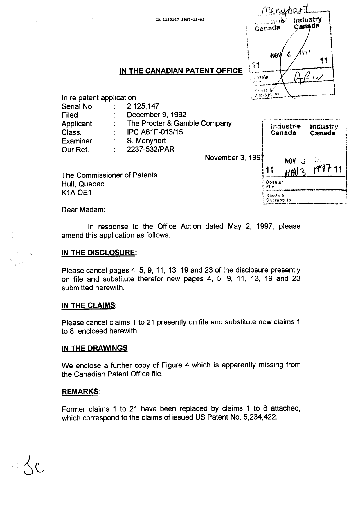 Document de brevet canadien 2125147. Correspondance de la poursuite 19971103. Image 1 de 3