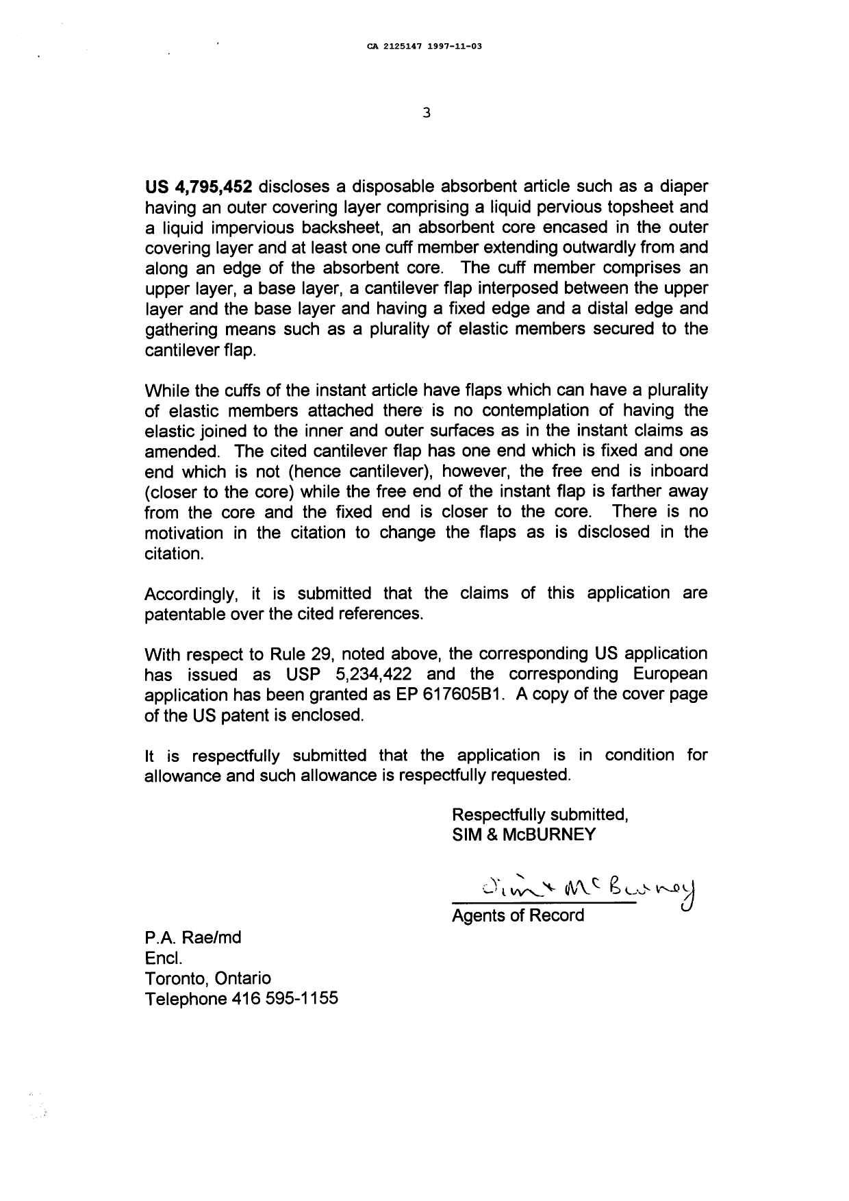 Canadian Patent Document 2125147. Prosecution Correspondence 19971103. Image 3 of 3