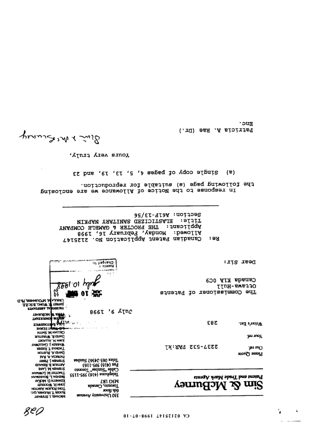 Canadian Patent Document 2125147. Correspondence 19980710. Image 1 of 6