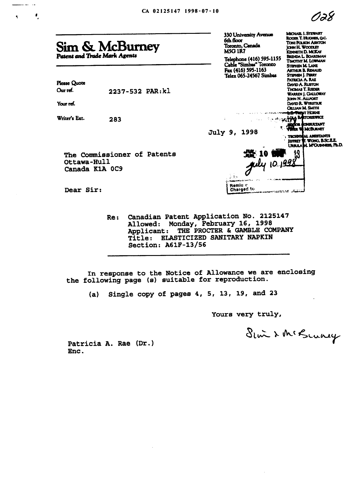 Document de brevet canadien 2125147. Correspondance 19980710. Image 1 de 6