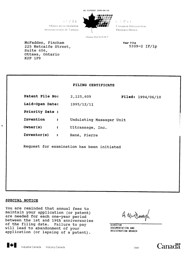 Canadian Patent Document 2125609. Prosecution Correspondence 19940610. Image 1 of 3