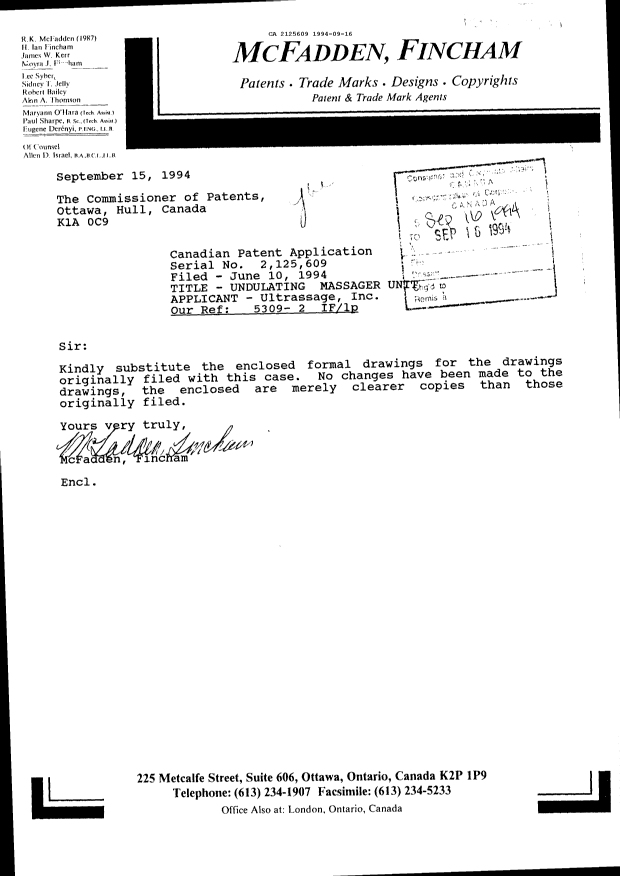 Document de brevet canadien 2125609. Correspondance reliée aux formalités 19940916. Image 1 de 1