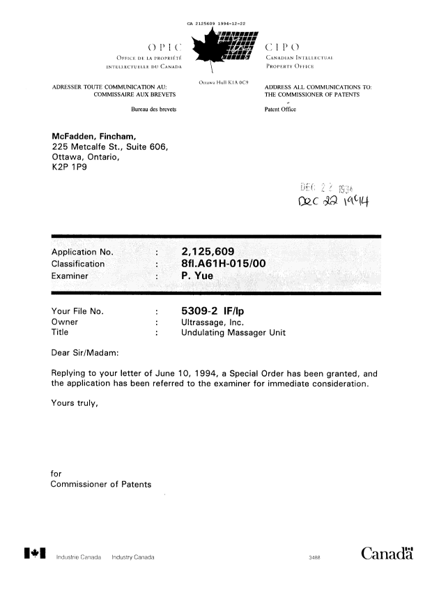 Document de brevet canadien 2125609. Lettre du bureau 19941222. Image 1 de 1