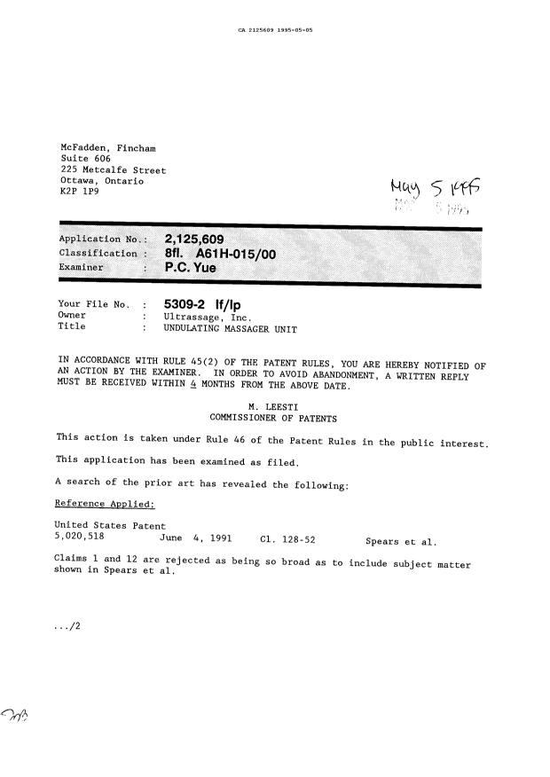 Document de brevet canadien 2125609. Demande d'examen 19950505. Image 1 de 2