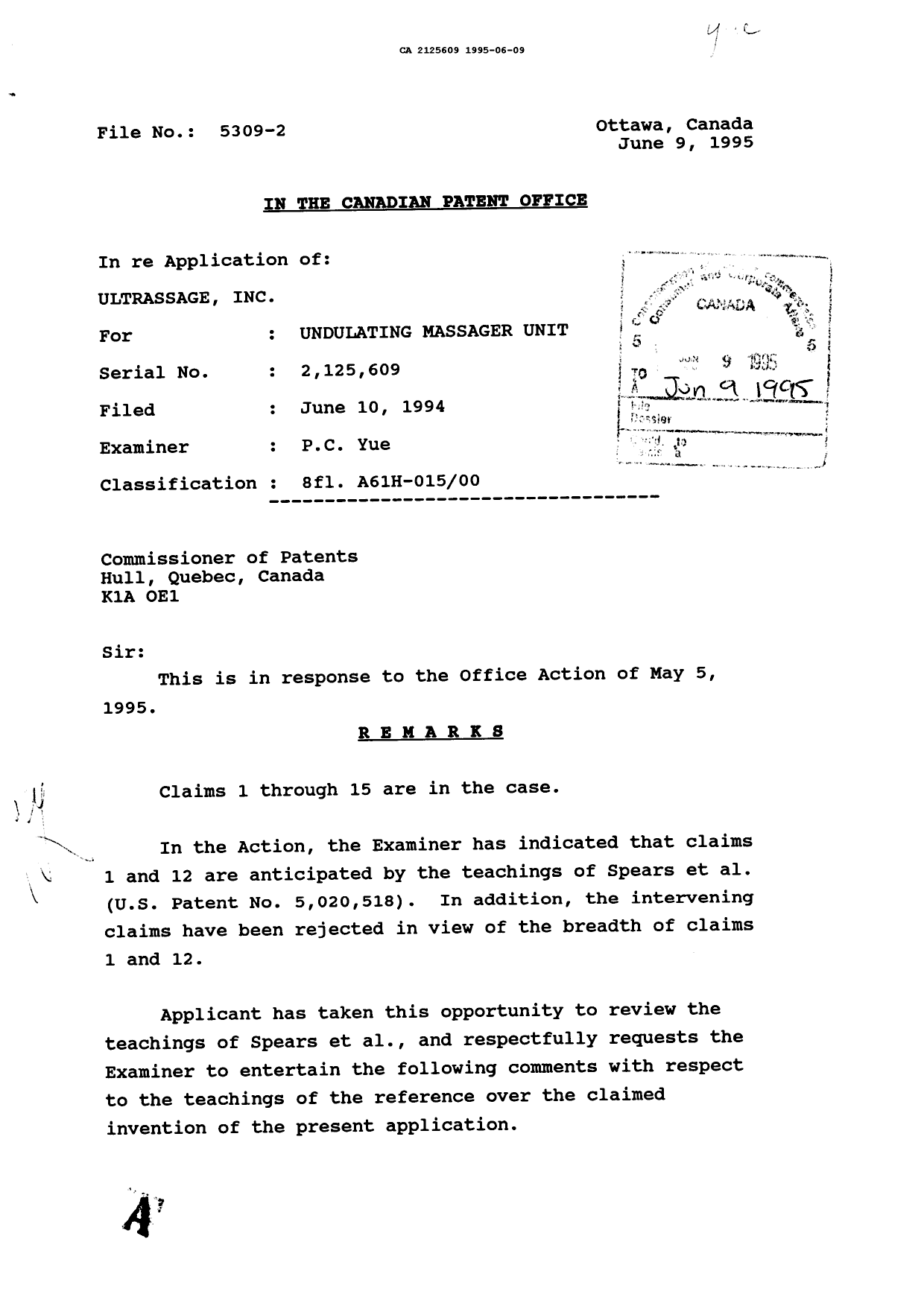 Canadian Patent Document 2125609. Prosecution Correspondence 19950609. Image 1 of 3