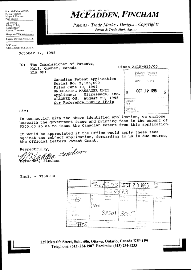 Document de brevet canadien 2125609. Correspondance reliée aux formalités 19951017. Image 1 de 1