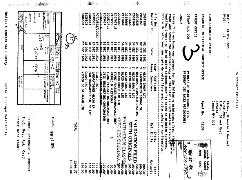 Document de brevet canadien 2125667. Taxes 19941227. Image 1 de 1