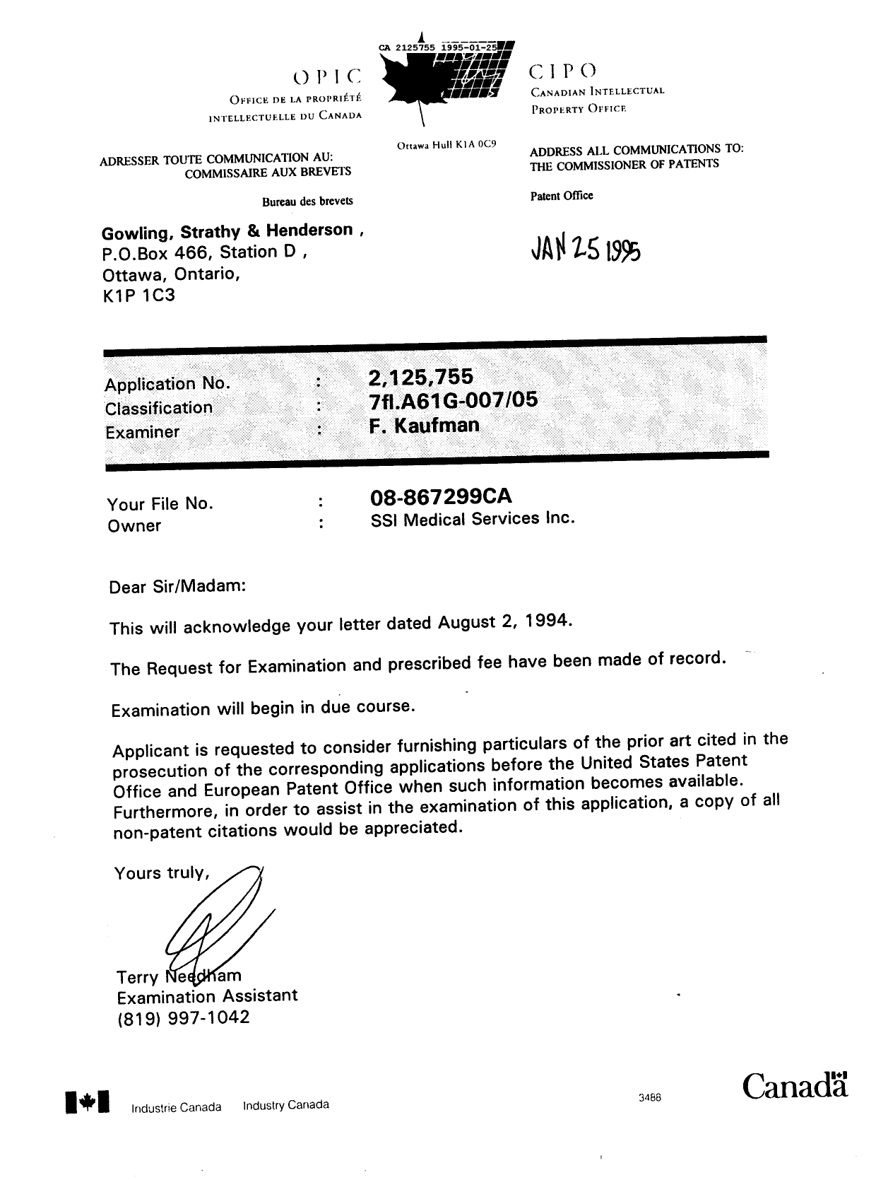 Document de brevet canadien 2125755. Avis d'abandon 19950125. Image 1 de 1