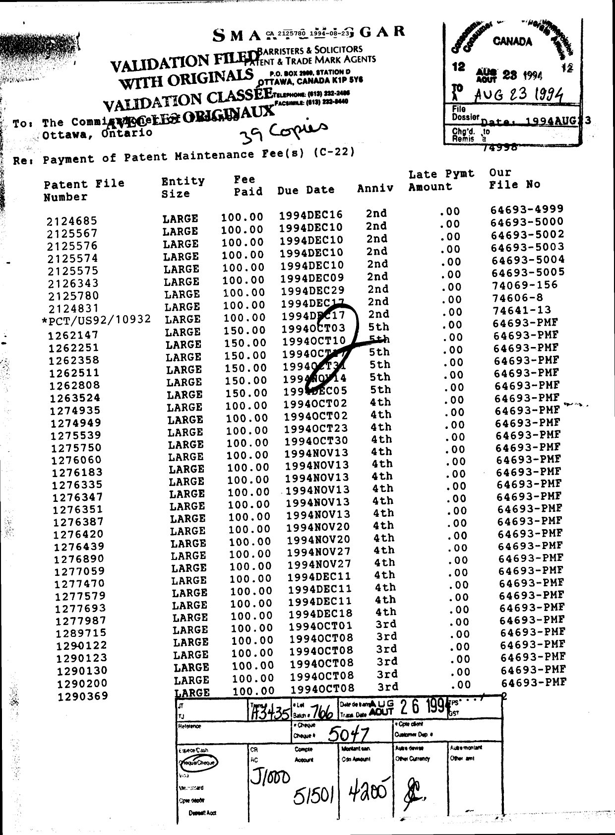 Document de brevet canadien 2125780. Paiement de taxe périodique 19940823. Image 1 de 1