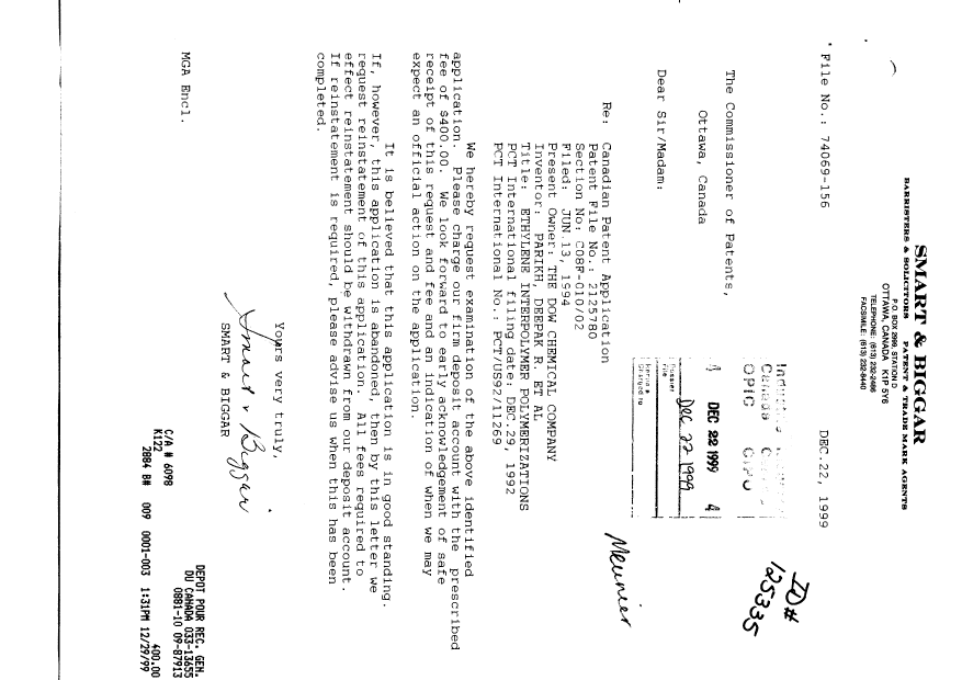 Canadian Patent Document 2125780. Prosecution-Amendment 19991222. Image 1 of 1