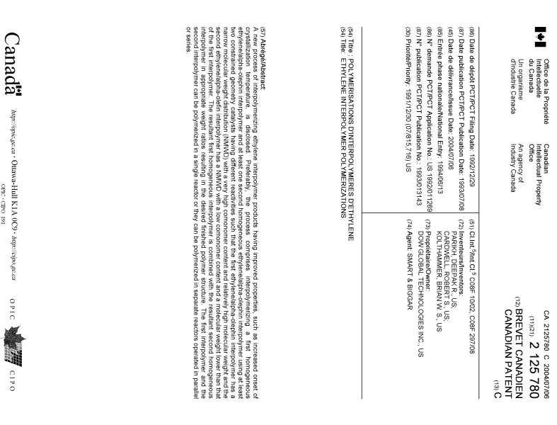 Document de brevet canadien 2125780. Page couverture 20040602. Image 1 de 1