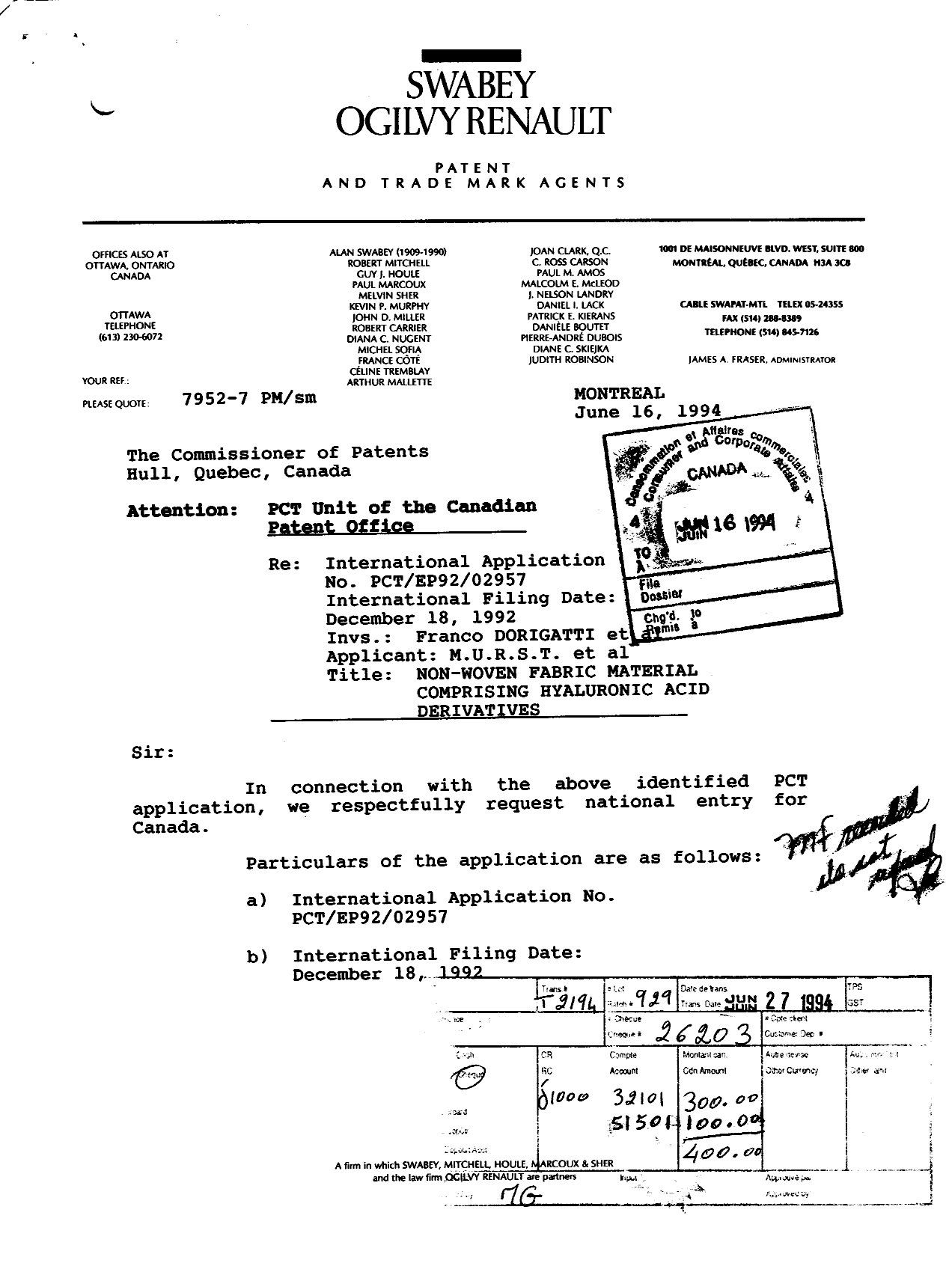 Document de brevet canadien 2126085. Cession 19940616. Image 1 de 10