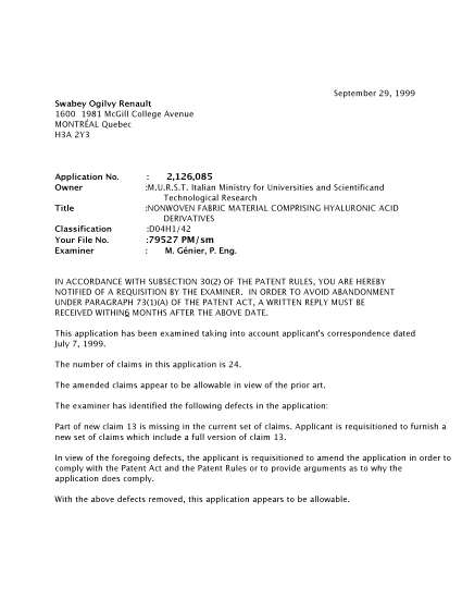 Canadian Patent Document 2126085. Prosecution-Amendment 19990929. Image 1 of 2