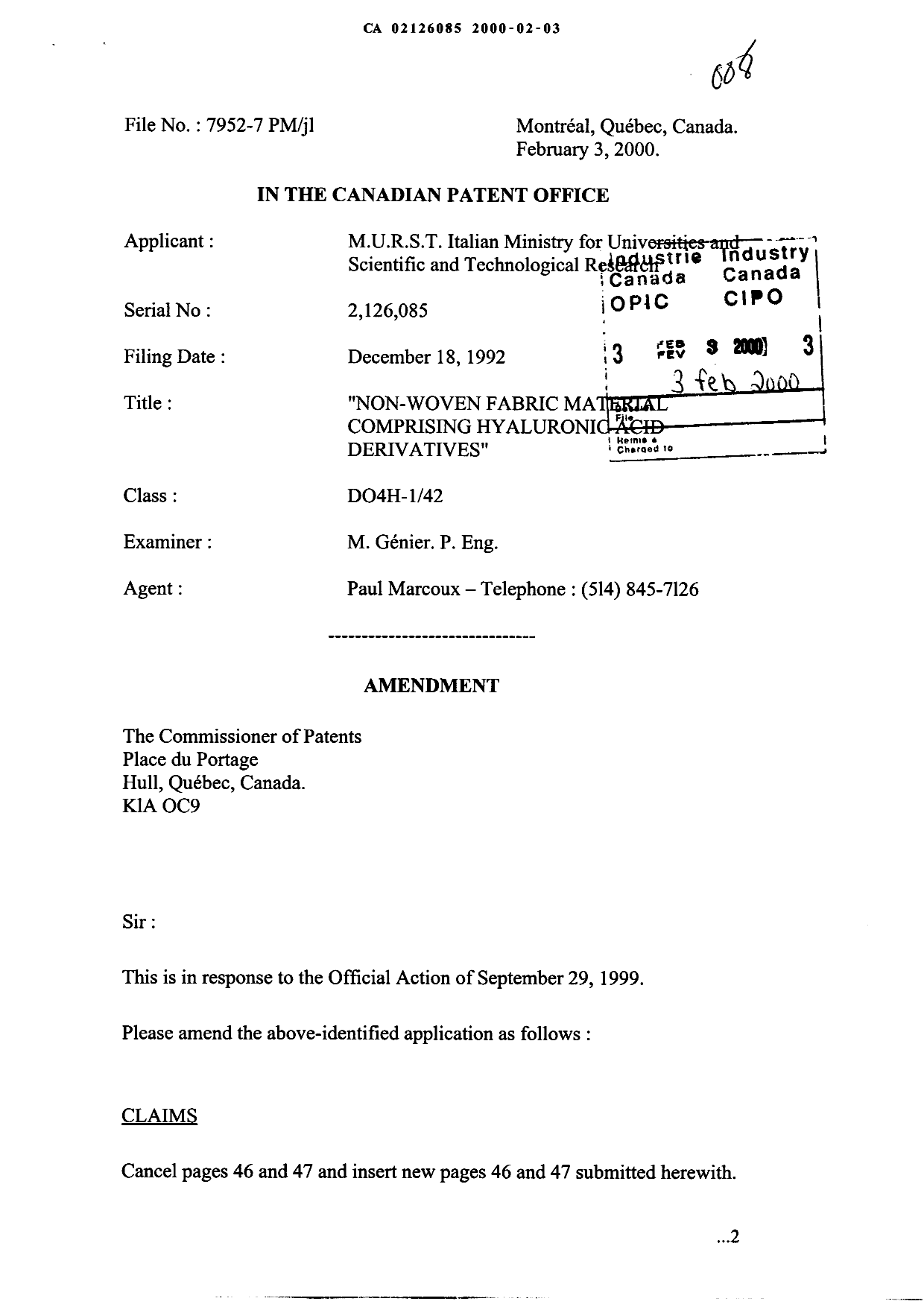 Document de brevet canadien 2126085. Poursuite-Amendment 20000203. Image 1 de 4