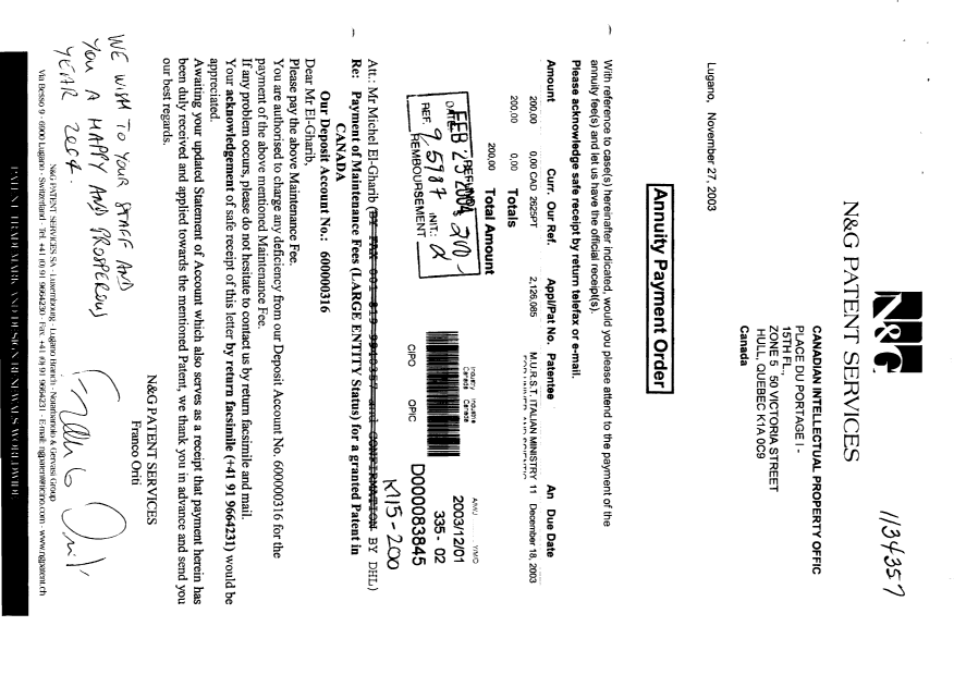 Document de brevet canadien 2126085. Taxes 20031201. Image 1 de 1