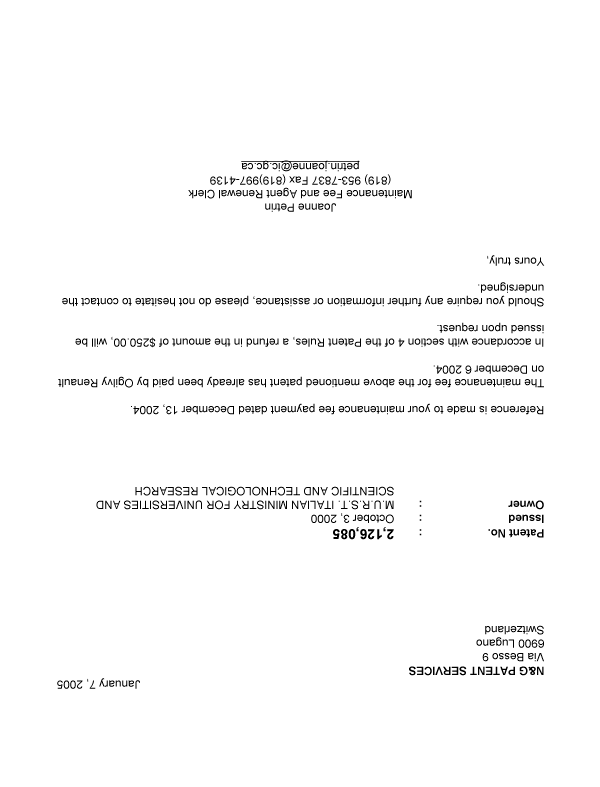 Canadian Patent Document 2126085. Correspondence 20050107. Image 1 of 1