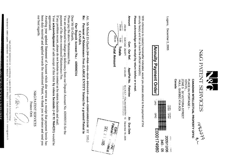 Document de brevet canadien 2126085. Taxes 20051206. Image 1 de 1