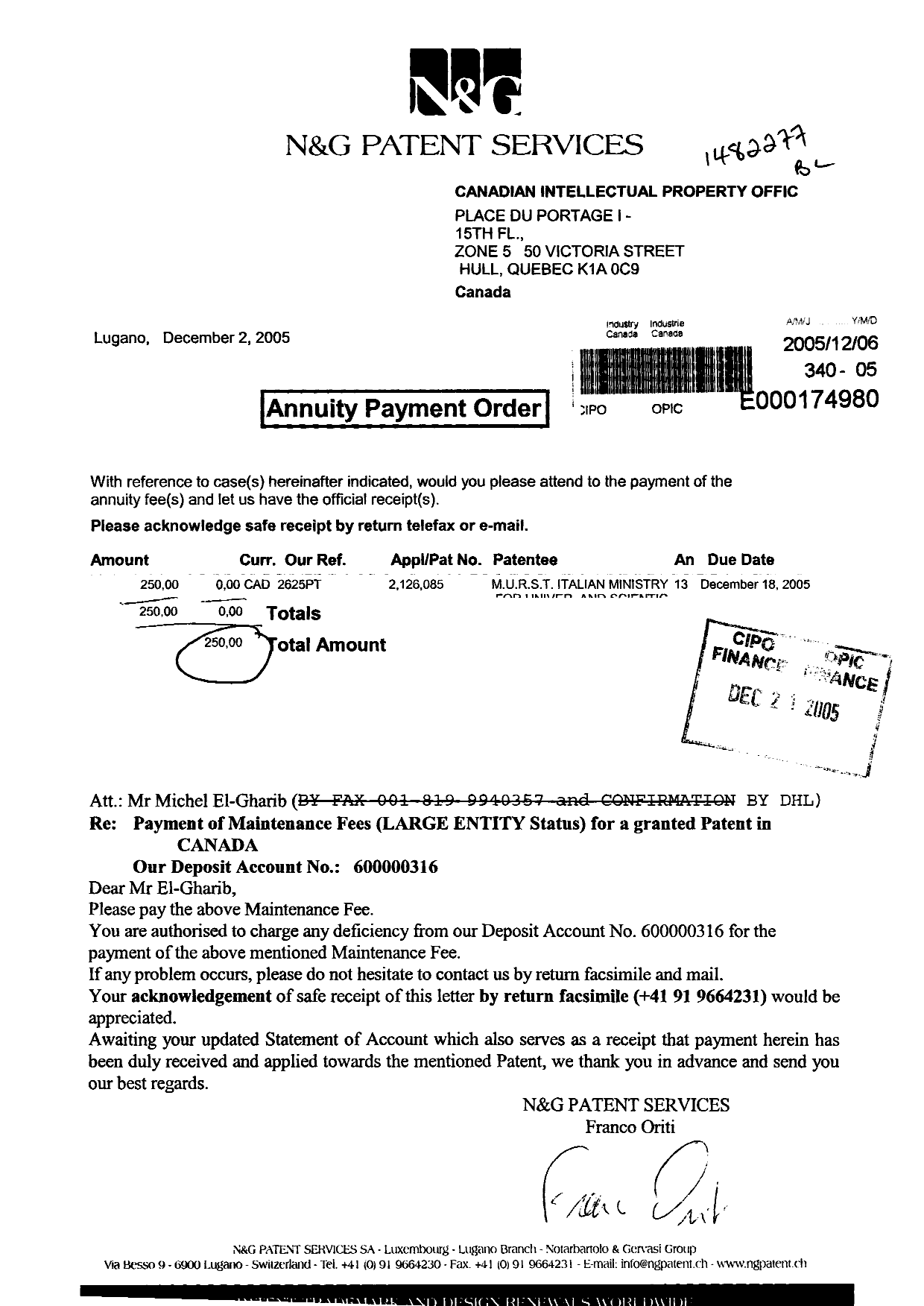 Document de brevet canadien 2126085. Taxes 20051206. Image 1 de 1
