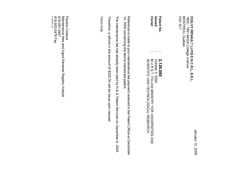 Document de brevet canadien 2126085. Correspondance 20060112. Image 1 de 1