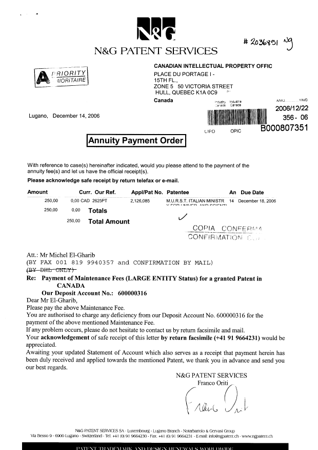Canadian Patent Document 2126085. Fees 20061222. Image 1 of 2