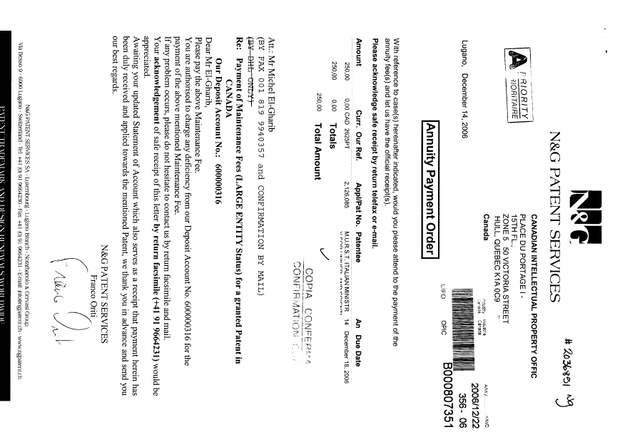 Document de brevet canadien 2126085. Taxes 20061222. Image 1 de 2