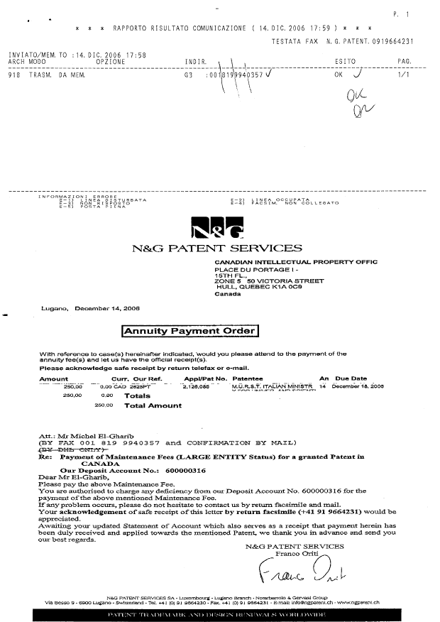 Document de brevet canadien 2126085. Taxes 20061222. Image 2 de 2