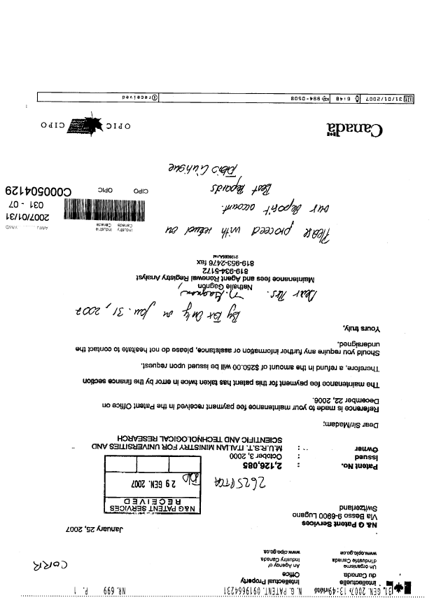 Canadian Patent Document 2126085. Correspondence 20070131. Image 1 of 1