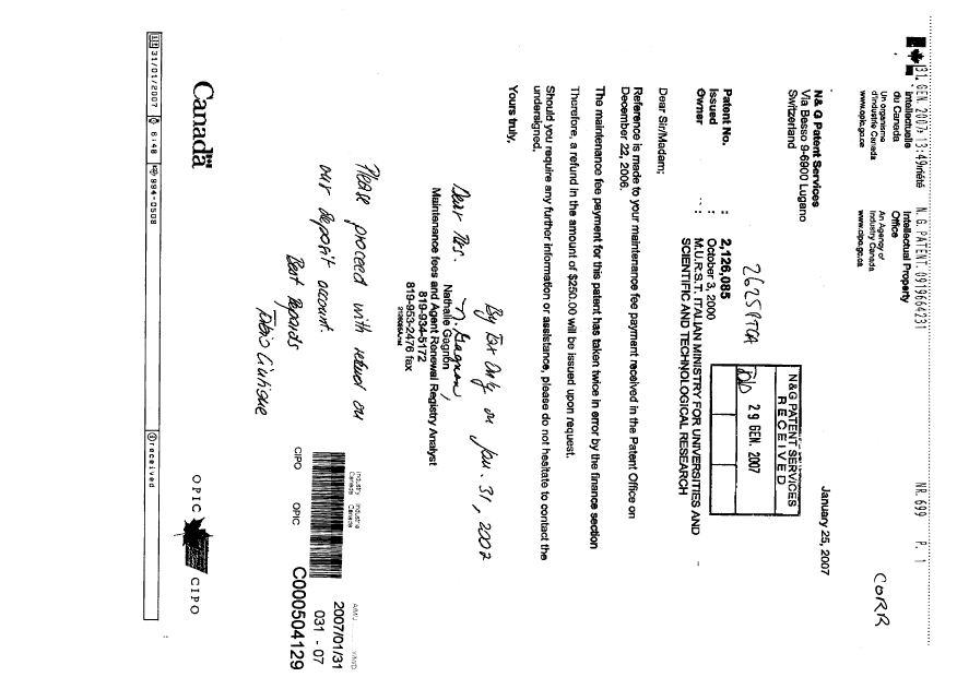 Document de brevet canadien 2126085. Correspondance 20070131. Image 1 de 1