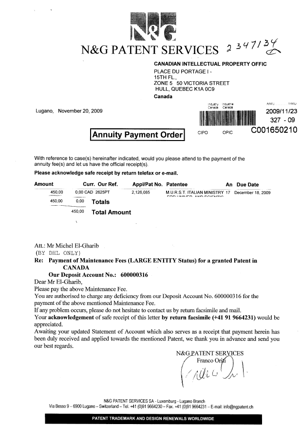 Canadian Patent Document 2126085. Fees 20091123. Image 1 of 1