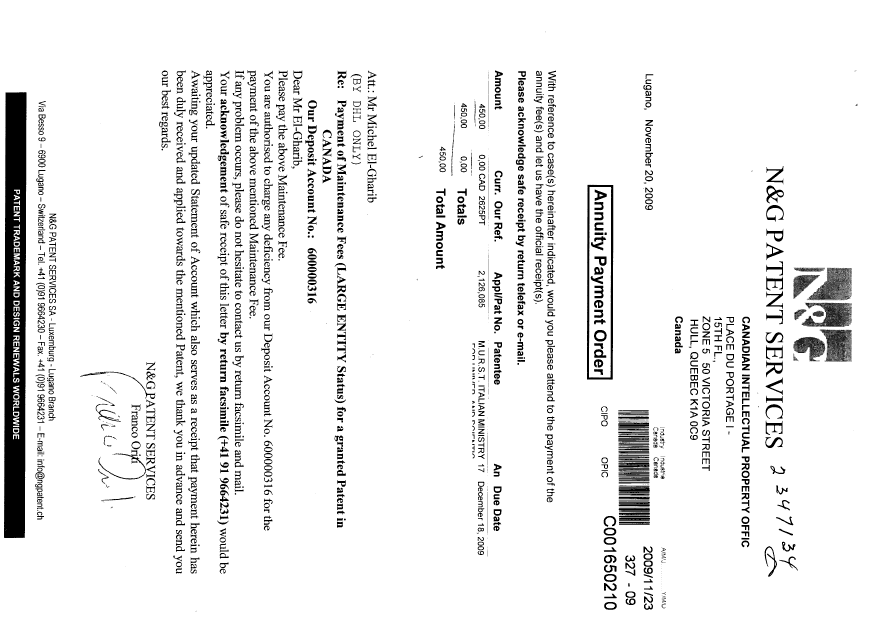Document de brevet canadien 2126085. Taxes 20091123. Image 1 de 1