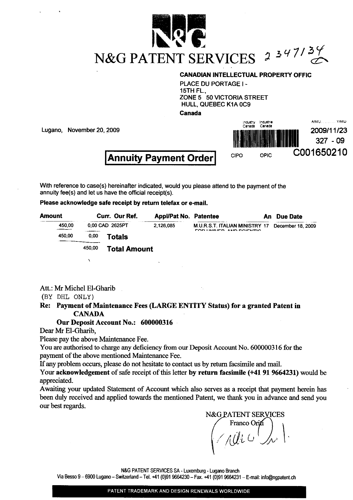 Document de brevet canadien 2126085. Taxes 20091123. Image 1 de 1