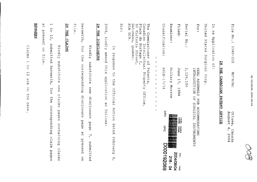 Canadian Patent Document 2126150. Prosecution-Amendment 20040804. Image 1 of 8