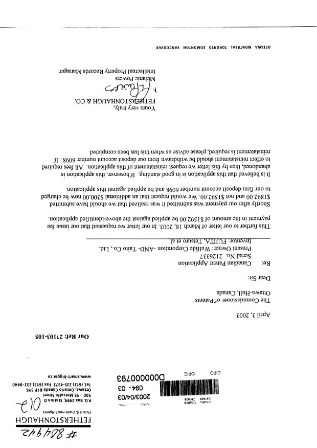 Canadian Patent Document 2126337. Correspondence 20030403. Image 1 of 1