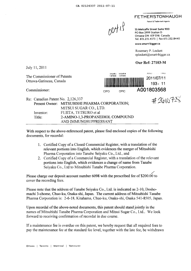 Document de brevet canadien 2126337. Cession 20110711. Image 1 de 15
