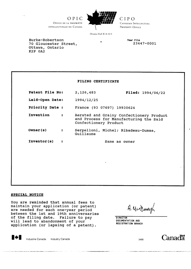Document de brevet canadien 2126483. Cession 19940622. Image 8 de 8