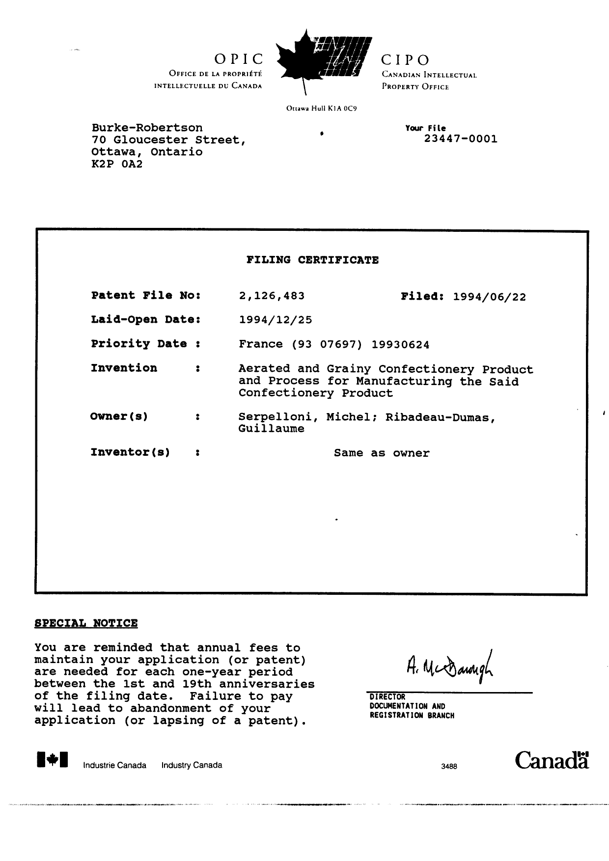 Canadian Patent Document 2126483. Assignment 19940622. Image 8 of 8