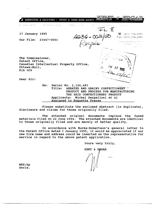 Document de brevet canadien 2126483. Correspondance 19950117. Image 1 de 20