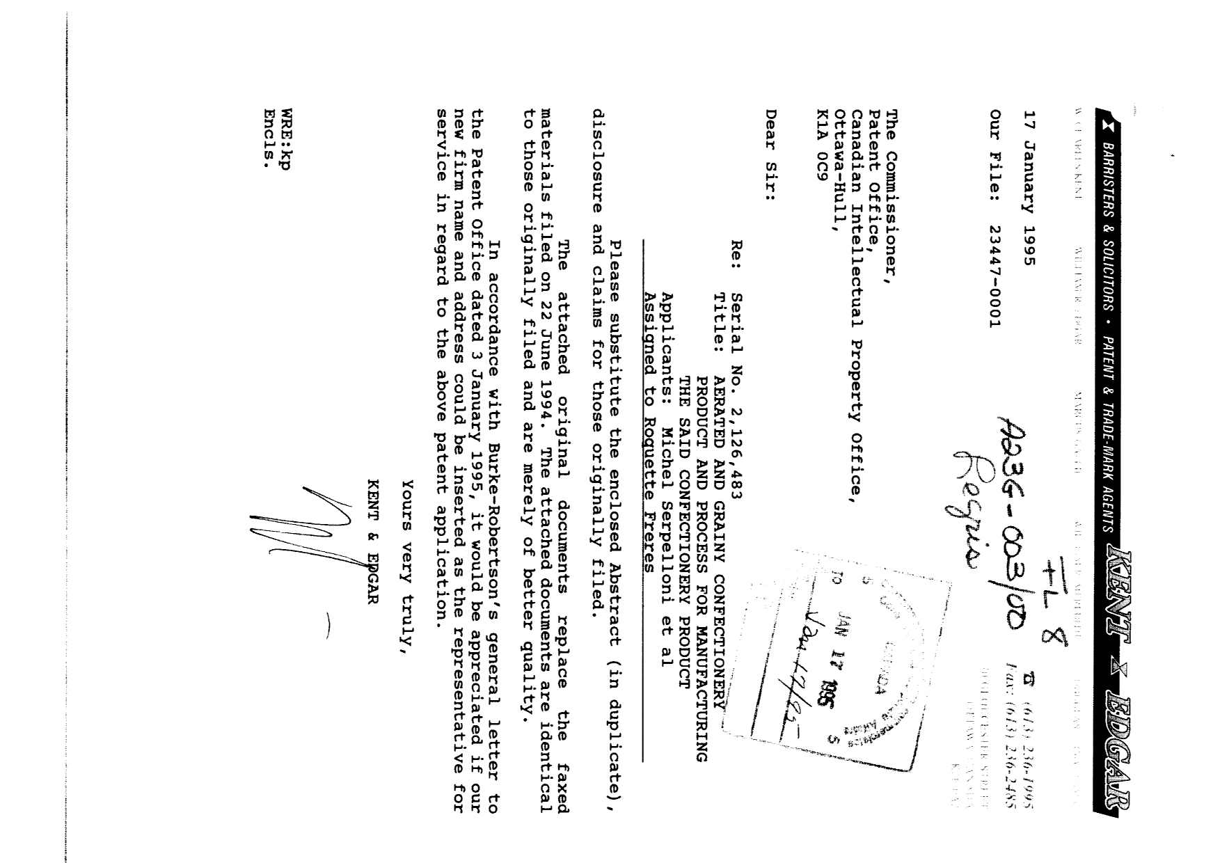 Canadian Patent Document 2126483. Correspondence 19950117. Image 1 of 20