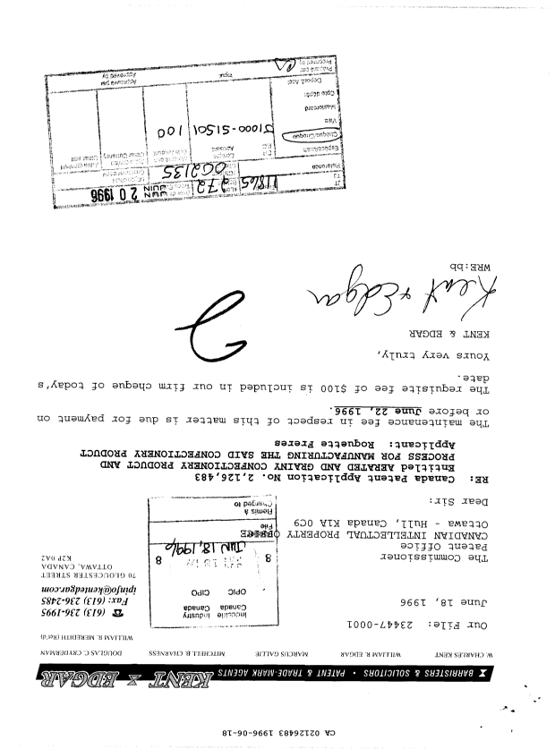 Canadian Patent Document 2126483. Fees 19960618. Image 1 of 1