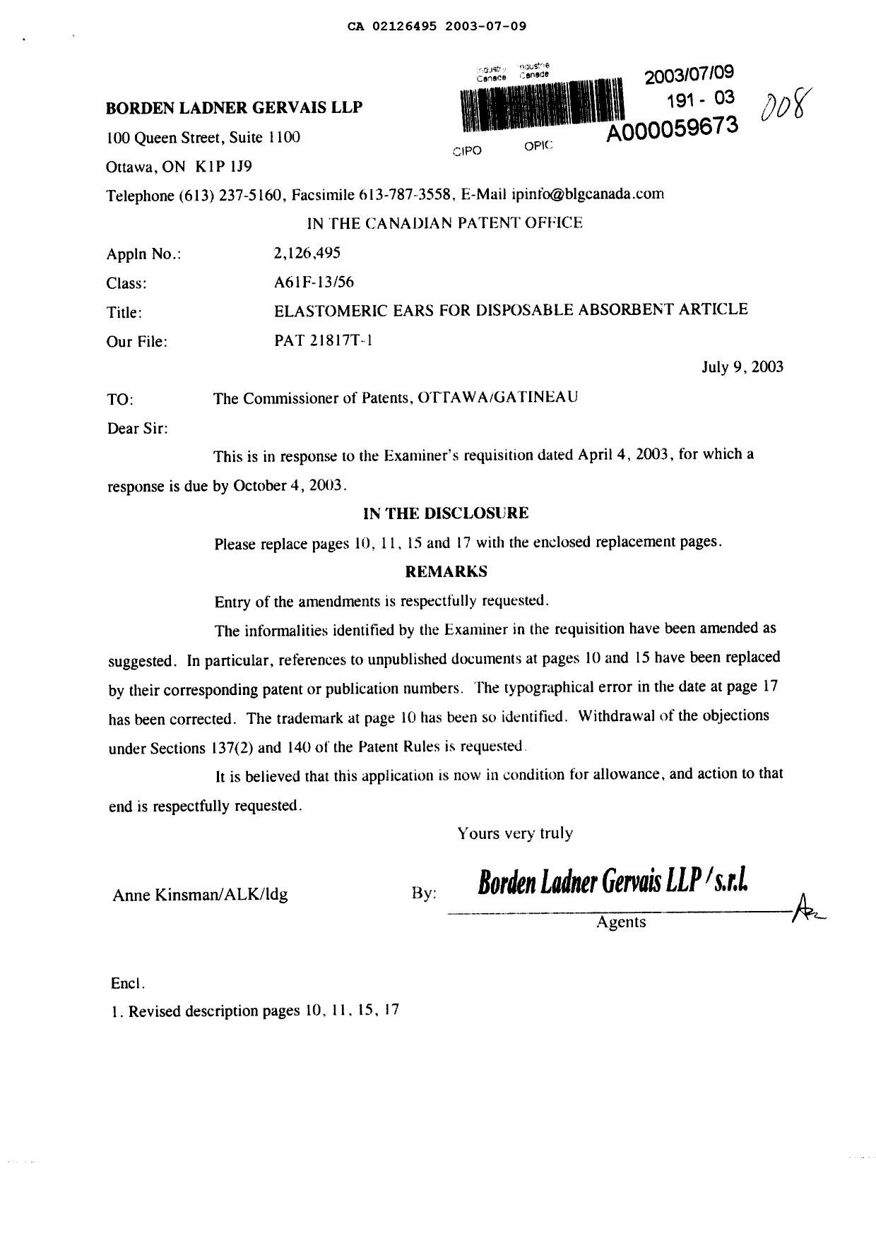 Document de brevet canadien 2126495. Poursuite-Amendment 20030709. Image 1 de 5
