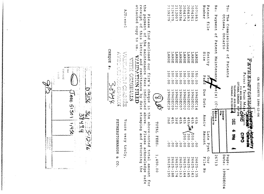 Document de brevet canadien 2126575. Taxes 19961204. Image 1 de 1