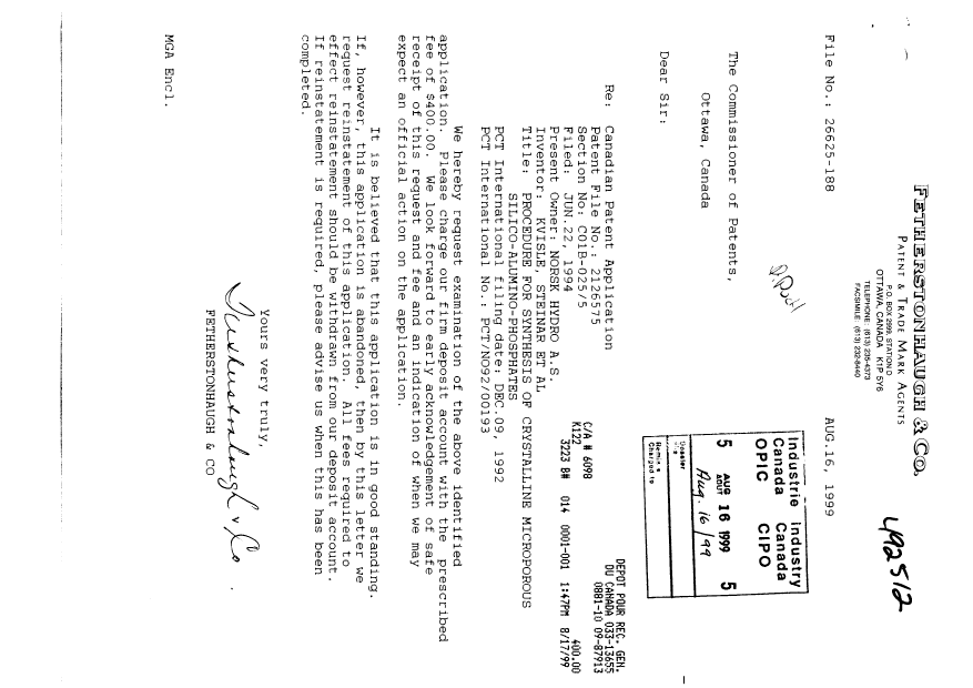 Document de brevet canadien 2126575. Poursuite-Amendment 19990816. Image 1 de 1