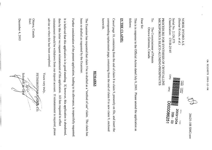 Document de brevet canadien 2126575. Poursuite-Amendment 20031204. Image 1 de 2