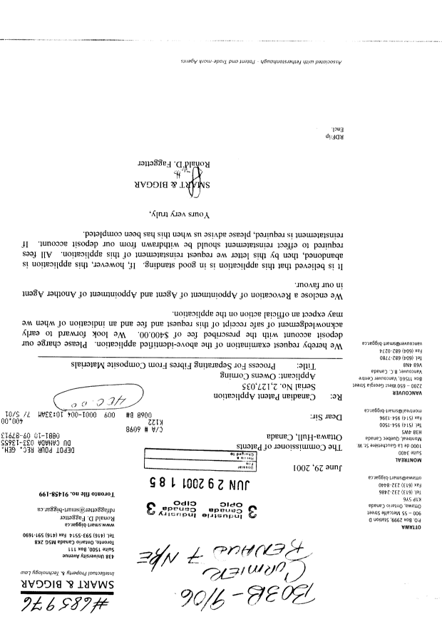 Canadian Patent Document 2127035. Prosecution-Amendment 20010629. Image 1 of 1